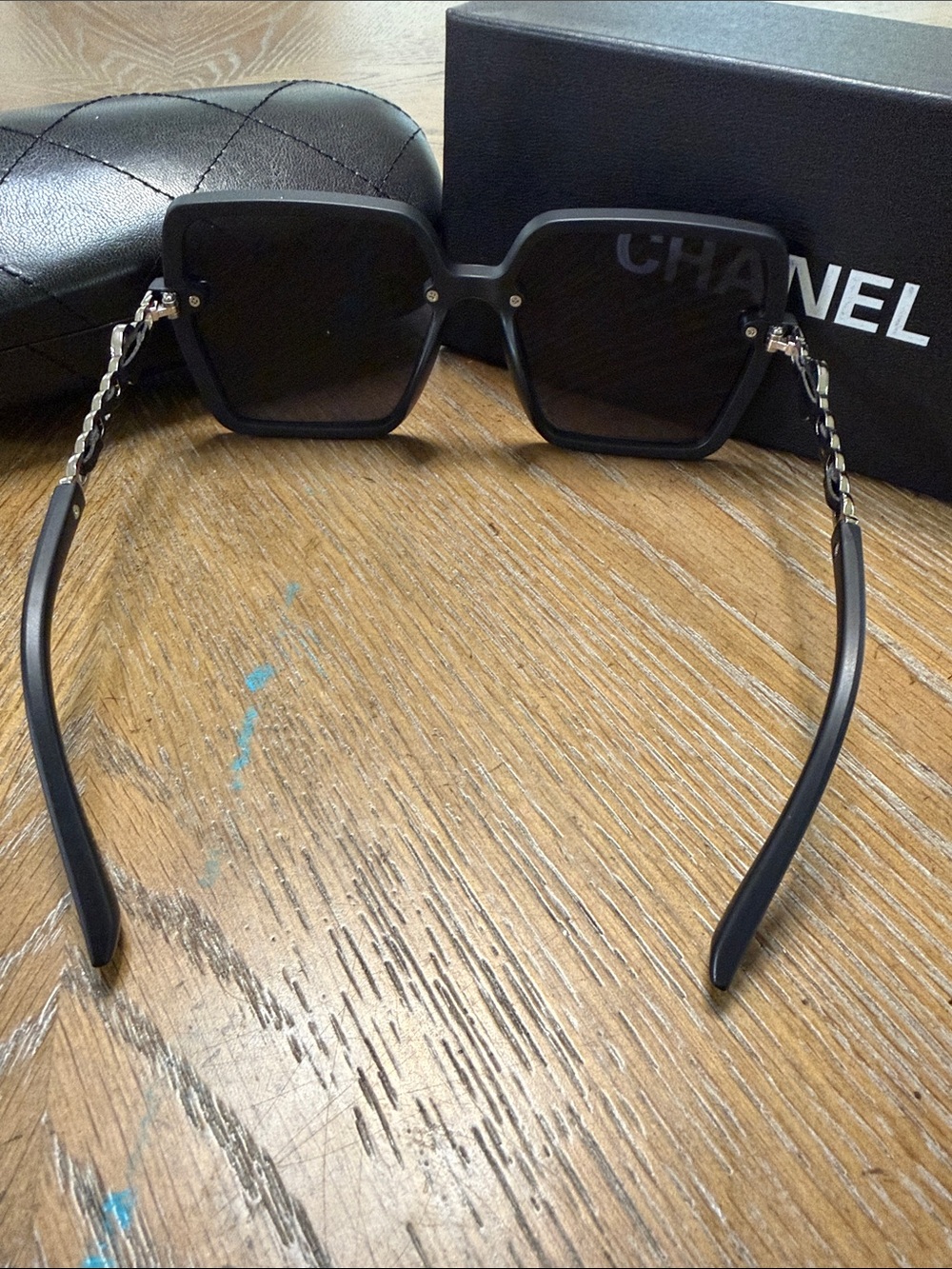 CHANEL Black Square Sunglasses with Silver CC Chain Accent - Picture 10 of 10